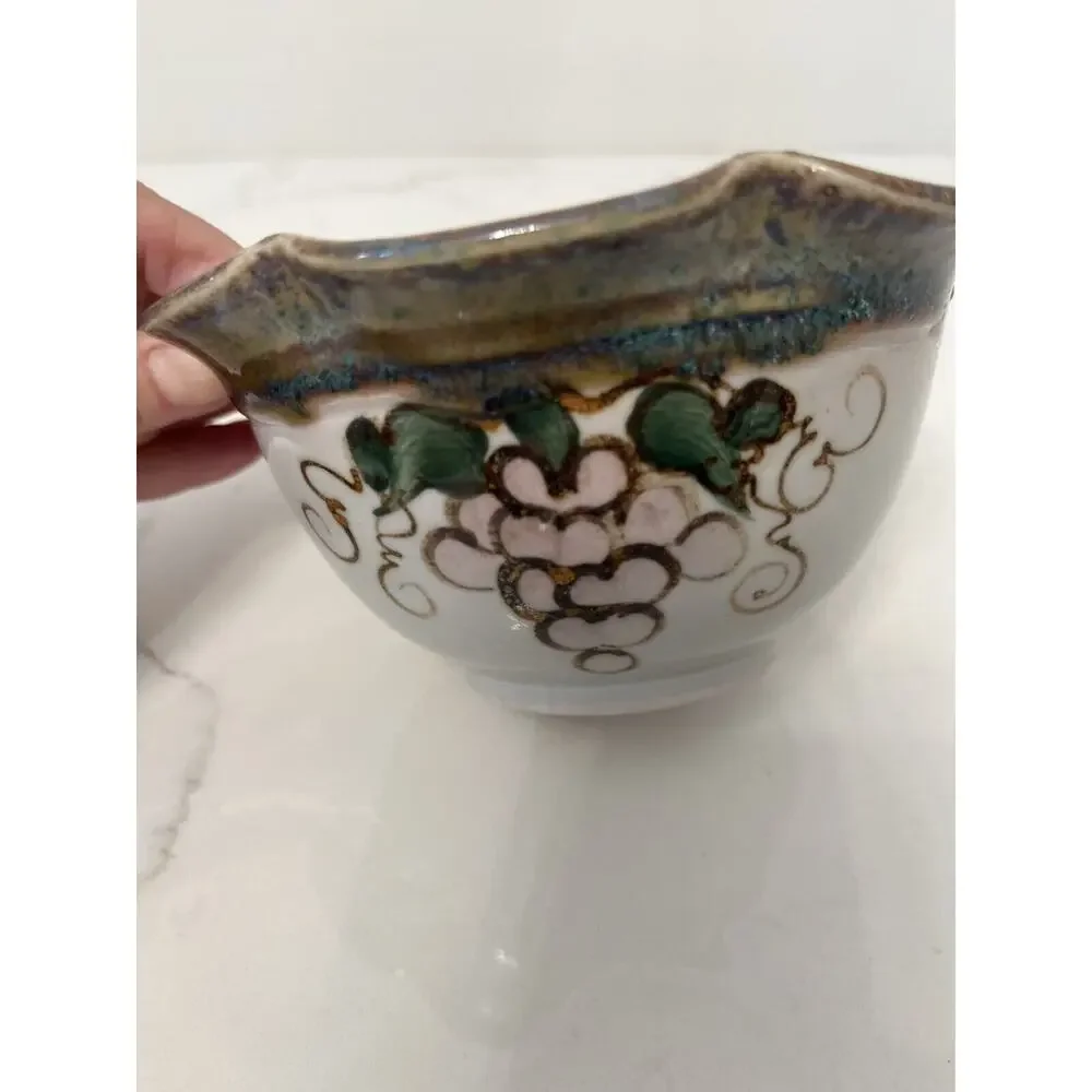 VTG Jensen Turnage Studio Art Pottery Bowl With Grape Vines And Ruffled Edges